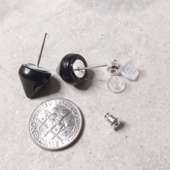 Unisex! Black Onyx ~ Cone Spike Studs Posts Earrings ~ Sexy Edgy Cool Punk Goth - Picture 3 of 4
